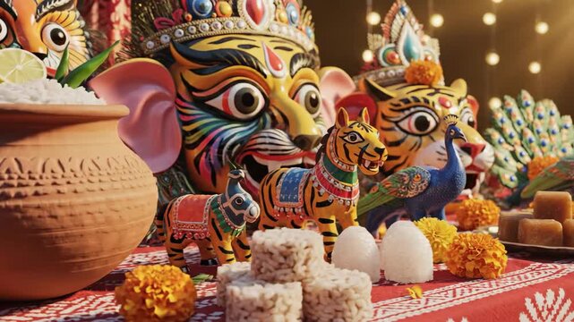 Vibrant pohela boishakh display with colorful bengali masks, sweets, and traditional bangla noboborsho hilsa items.