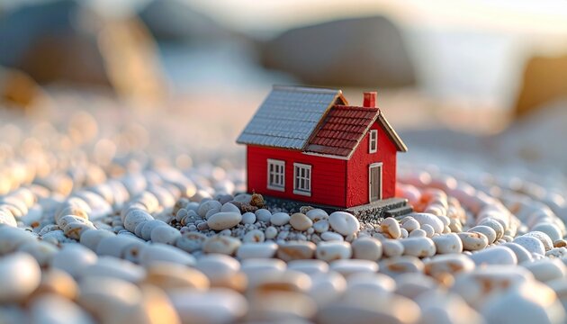 A shallow close-up shot (shallow depth of field) of a small red and gray playhouse placed on a pile of smooth white gravel.pt