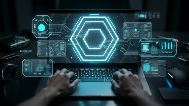 Futuristic technology interface with holographic data display and hands typing on laptop keyboard
