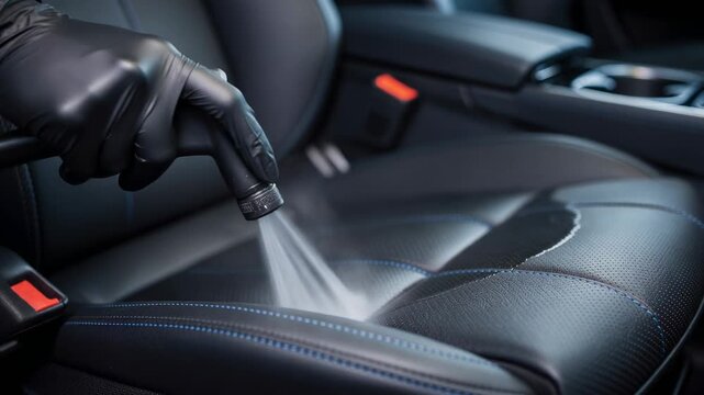 Professional car interior cleaning with steam on black leather seat for vehicle maintenance and detailing