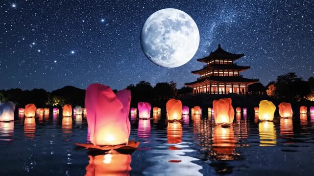A serene nighttime scene featuring a chinese pagoda surrounded by glowing lanterns on water under a full moon and starry sky