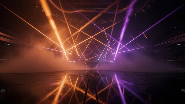 Colorful concert stage with vibrant light beams and fog creating dynamic atmosphere and reflections