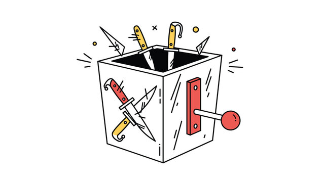 Magicians trick box illustration featuring a white cube with swords or knives stuck through it and a red operating lever.