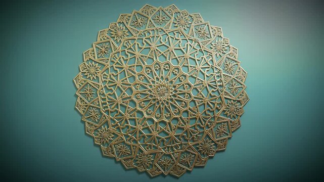 Intricate golden Islamic geometric wall art on teal background with detailed floral and star patterns