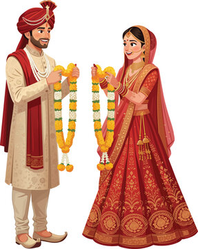 Bride and Groom Exchanging Flower Garlands Indian Wedding Varmala Scene 