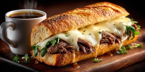 A delectable French dip sandwich, deli-style, overflowing with tender beef and melted cheese, paired perfectly with a steaming cup of coffee on wood board.