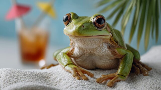 Green tree frog resting on a soft towel with tropical drink and colorful cocktail umbrellas in the background, showcasing a vibrant summer atmosphere