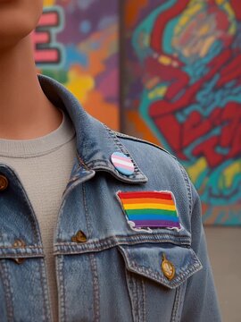 Person wearing denim jacket with rainbow and transgender pride symbols.