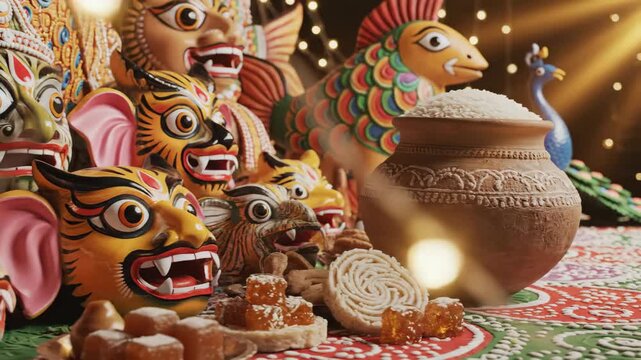 Vibrant pohela boishakh celebration featuring traditional bengali masks, hilsa fish, and sweets under warm festive lights.