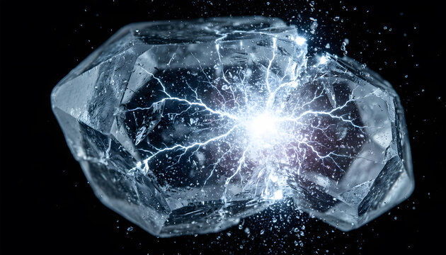  visualization of triboluminescence where a crystal fractures and releases bright electrical energy inside the mineral structure representing stress energy release and material physics phenomenon.
