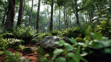 Obraz premium Forest Tranquility: Capturing the lush heart of the forest. The forest, a symphony of green and earth tones, breathes with life. The sunlight filtering through the canopy dances on the forest floor.