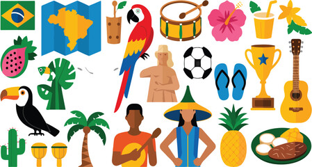 Fototapeta premium Travel to Brazil sticker set featuring culture, landmarks, nature, carnival, soccer, tropical paradise, animals, beach, and festive celebration in cartoon style