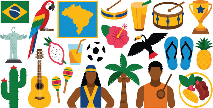 Travel to Brazil sticker set featuring culture, landmarks, nature, carnival, soccer, tropical paradise, animals, beach, and festive celebration in cartoon style
