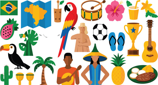 Travel to Brazil sticker set featuring culture, landmarks, nature, carnival, soccer, tropical paradise, animals, beach, and festive celebration in cartoon style