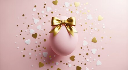 Fototapeta premium Pink easter egg with gold bow and confetti on pastel background