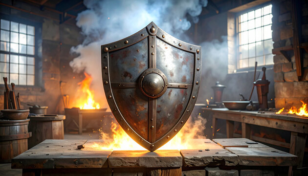 Ancient medieval metal shield and steel sword forged with iron equipment in an industrial factory with smoke and heat for antique protection