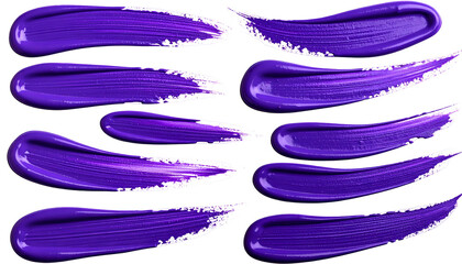 Brushstroke collection of varying lengths & shapes, vibrant purple, arranged on a black backdrop