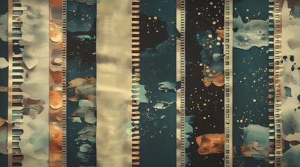 Fototapeta premium Abstract vintage film strip background with grunge texture and paint splatters.