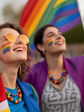 Two happy women with rainbow face paint and necklaces celebrating LGBTQ+ pride with a large flag in the background.
