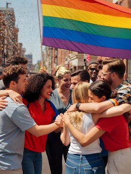 A diverse group of young adults embracing joyfully under a large rainbow flag during a pride celebration in a city street.