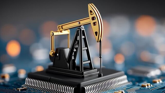 Oil pump jack model positioned on a computer microchip with a blurred background of illuminated circuit board elements showcasing technological integration