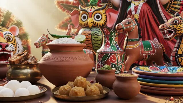 Warm, vibrant still life of traditional bengali pohela boishakh items, terracotta crafts, and sweets.