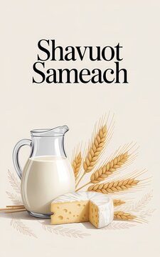 Shavuot Sameach dairy and wheat arrangement with milk pitcher cheese pieces and grain stalks