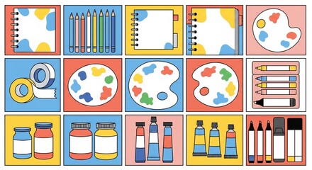 Naklejka premium Art Supplies Flat Lay Vector Illustration Mockup Template with Copy Space for Creative Projects and Education