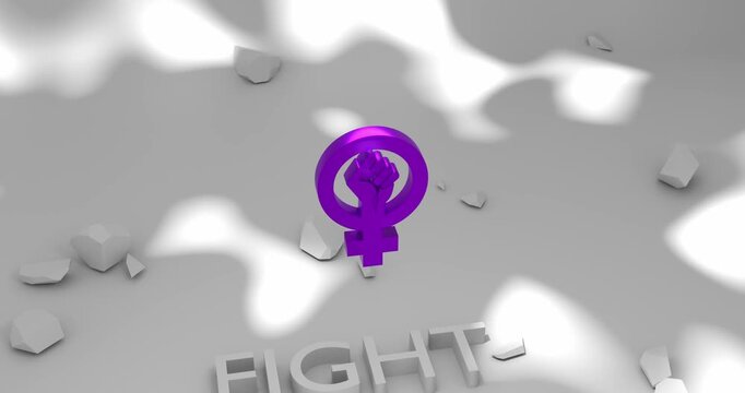 Shattering white cube revealing a metallic purple female power icon. Visual metaphor for overcoming oppression and fighting for gender equality in 3D