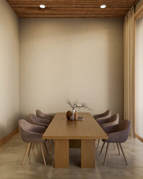 Wooden counter table and curve chairs on loft floor under wooden ceiling in cosy living room or cafe