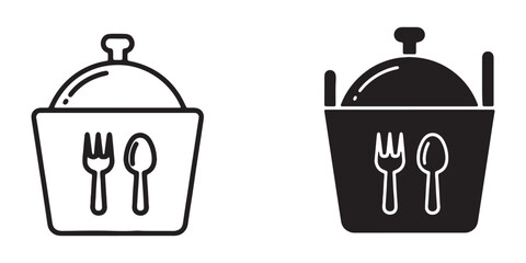 Black and white cloche dish icons with utensils on plate