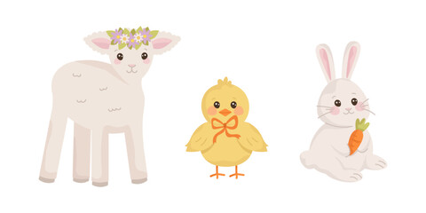 Naklejka premium Сute Easter animals set bunny chick and lamb pastel spring holiday characters vector in flat style