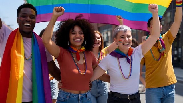 A diverse group of joyful people celebrating at a Pride parade, holding a large rainbow flag and raising their fists in solidarity.