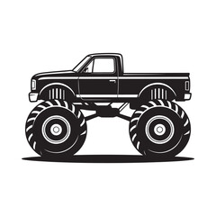 Black and white illustration of a large monster truck with oversized tires © JJMS