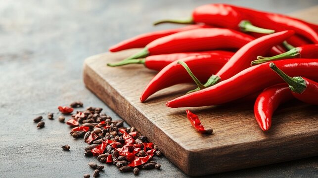 pasilla. Red chili peppers and cumin seeds scattered on a wooden cutting board. menu design, packaging mockups, designed for food delivery and cloud-kitchen brand materials, used by account managers.
