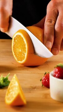 hand of man cutting fresh orange, vertical video