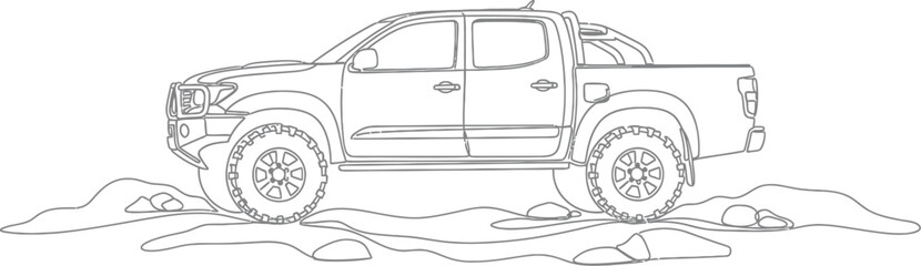 Pickup truck on rocky terrain, line art illustration © SoftArt
