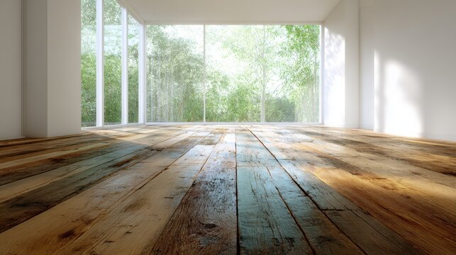 Rustic wood floor in a bright minimalist empty room with large windows
