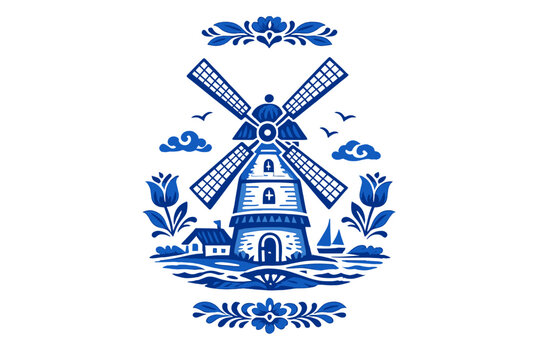 A traditional Dutch windmill illustration in the classic Delft Blue