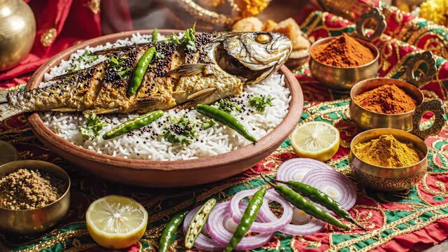 Vibrant close-up of traditional bengali hilsa fish with rice and spices, celebrating pohela boishakh.