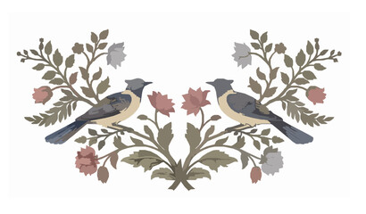 Mughal Mural Birds and Floral Branch Wallpaper Vector Illustration © MstMahsina