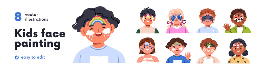 Happy kids with face paintings. Cute funny children set with color makeup, facial paint masks. Boys and girls with party tattoo, animal drawing. Flat vector illustration isolated on white background