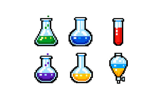 A collection of six pixel art laboratory flasks and chemistry
