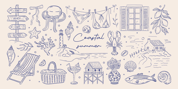 Set of line art sketch coastal summer illustrations. Whimsical sea doodle elements. Hand-drawn beach, seashells, lighthouse, basket, cocktail, hat drawings. Vintage travel vector silhouettes