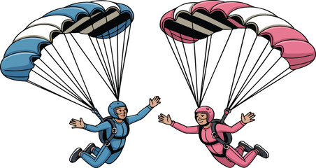 Two skydivers descending with colorful parachutes in a playful cartoon illustration depicting adventure, extreme sports, and outdoor fun vector art © MDABU
