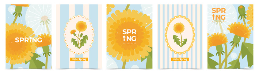 Yellow dandelion spring poster or greeting card set with blooming flowers, fluffy seeds and striped backgrounds in hand drawn style. Floral vector templates for Mother's Day, May Day, birthday © Svitla