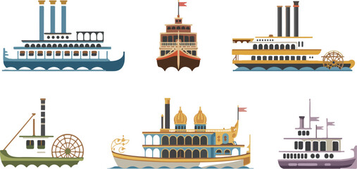 Naklejka premium Colorful illustration depicting a collection of vintage paddlewheel riverboats showcasing historic steamships, river travel, and classic maritime scenes vector art
