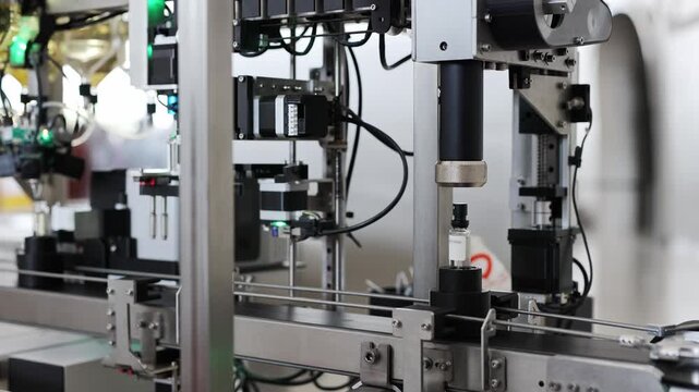 Automated fragrance filling machine in perfumery factory. Product line for perfume bottles.