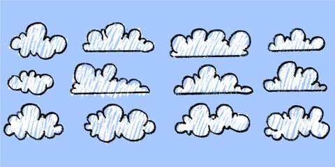 Fototapeta premium White cloud chalk hand drawn vector for creative classroom layouts. Ideal for symbolizing vintage weather concepts, sketchy skies, and simple blackboard meteorology.