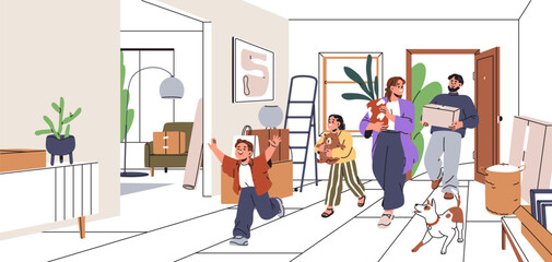 Moving into new house. Happy family entering home interior. Parents and kids with boxes, plant and dog pet. Mother, father and children in relocation to apartment. Flat vector illustration